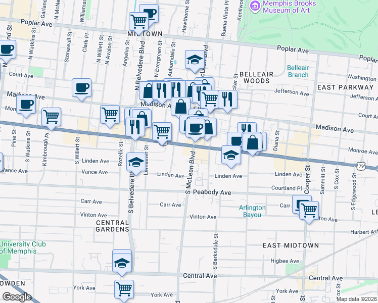 map of restaurants, bars, coffee shops, grocery stores, and more near 187 South McLean Boulevard in Memphis