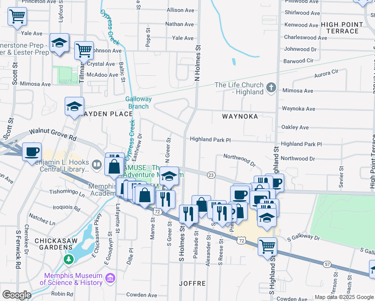 map of restaurants, bars, coffee shops, grocery stores, and more near 108 North Holmes Street in Memphis