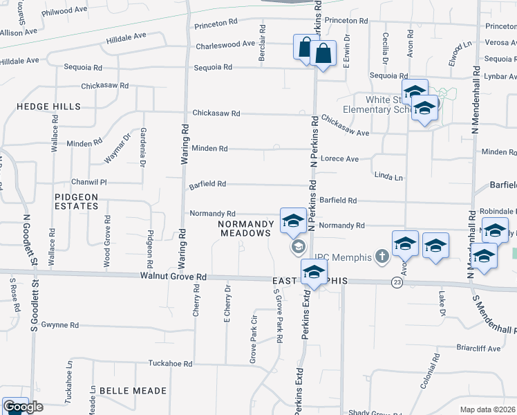 map of restaurants, bars, coffee shops, grocery stores, and more near 4510 Normandy Road in Memphis