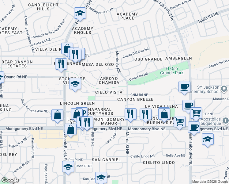 map of restaurants, bars, coffee shops, grocery stores, and more near 10229 Gutierrez Road Northeast in Albuquerque