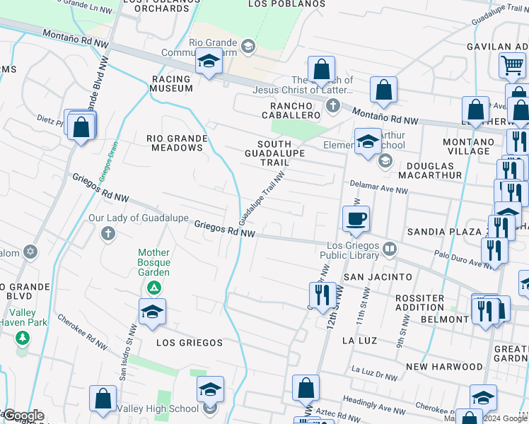 map of restaurants, bars, coffee shops, grocery stores, and more near 1531 Griegos Road Northwest in Albuquerque