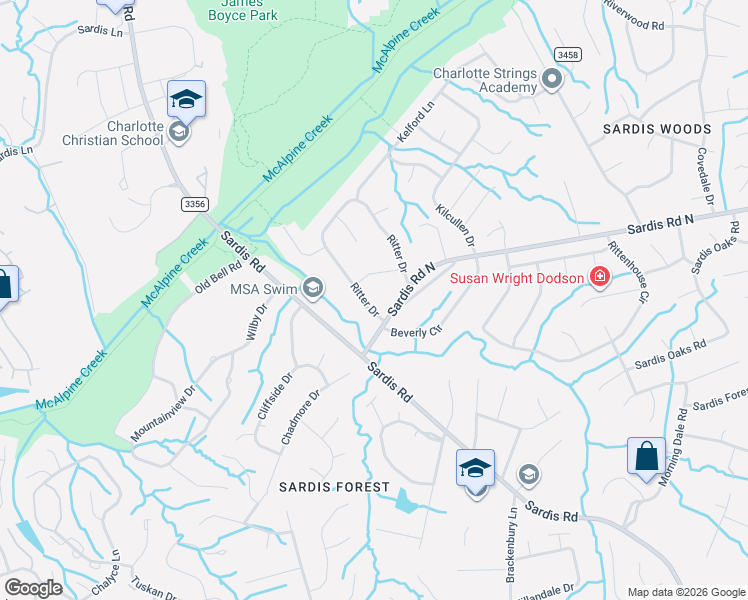 map of restaurants, bars, coffee shops, grocery stores, and more near 8038 Ritter Drive in Charlotte