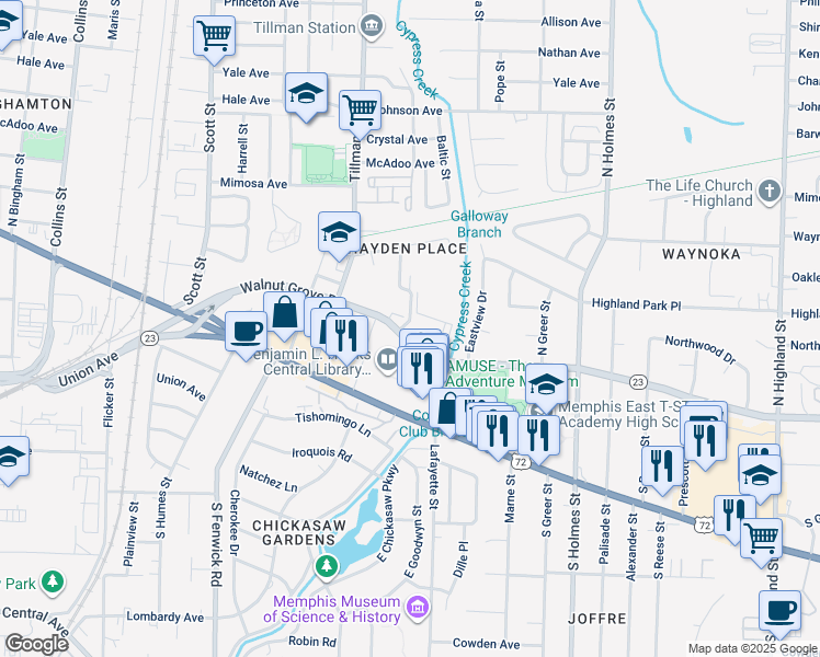 map of restaurants, bars, coffee shops, grocery stores, and more near 3080 Walnut Grove Road in Memphis