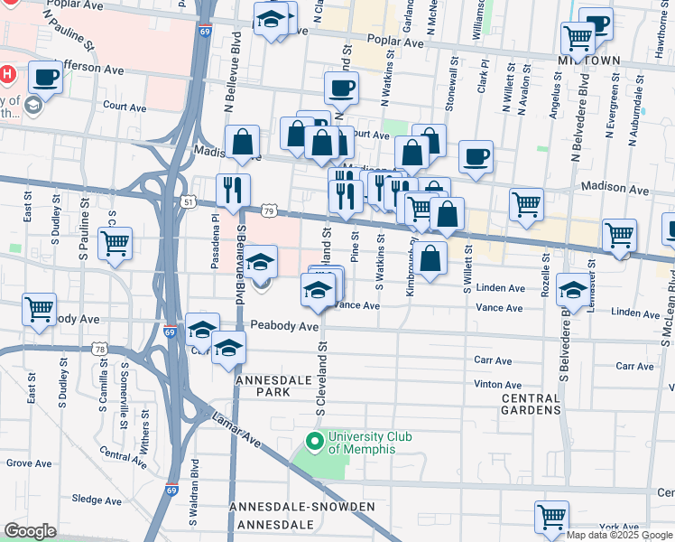 map of restaurants, bars, coffee shops, grocery stores, and more near 1358 Linden Avenue in Memphis