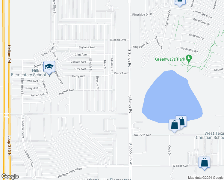 map of restaurants, bars, coffee shops, grocery stores, and more near 7416 Mosley Street in Amarillo
