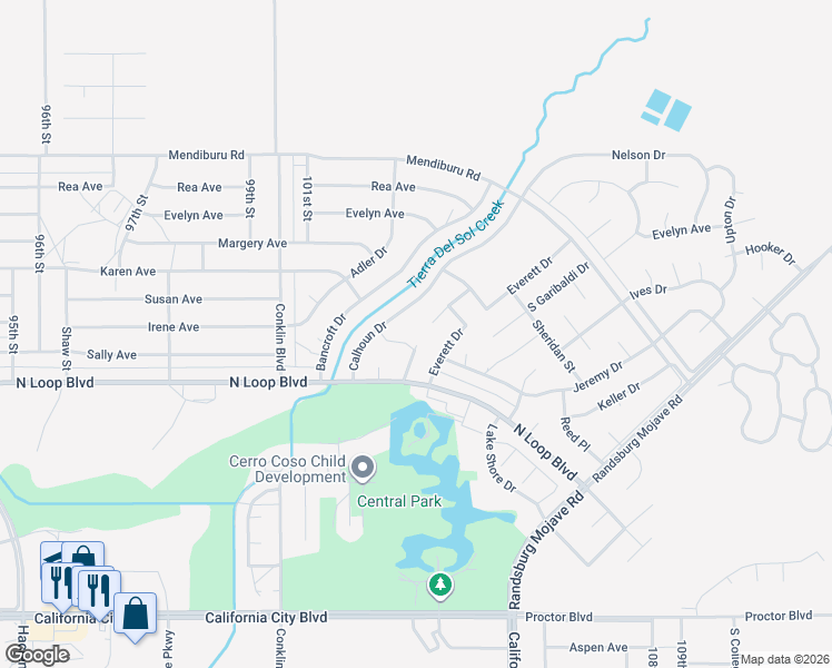map of restaurants, bars, coffee shops, grocery stores, and more near Darrow Drive in California City
