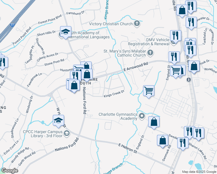 map of restaurants, bars, coffee shops, grocery stores, and more near 7827 Bronze Pike Drive in Charlotte
