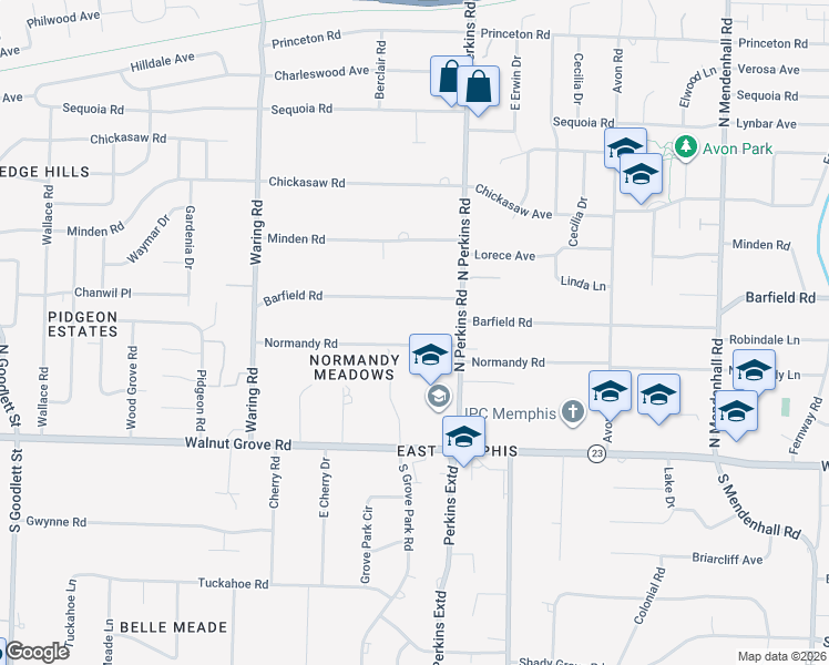 map of restaurants, bars, coffee shops, grocery stores, and more near 4554 Normandy Road in Memphis