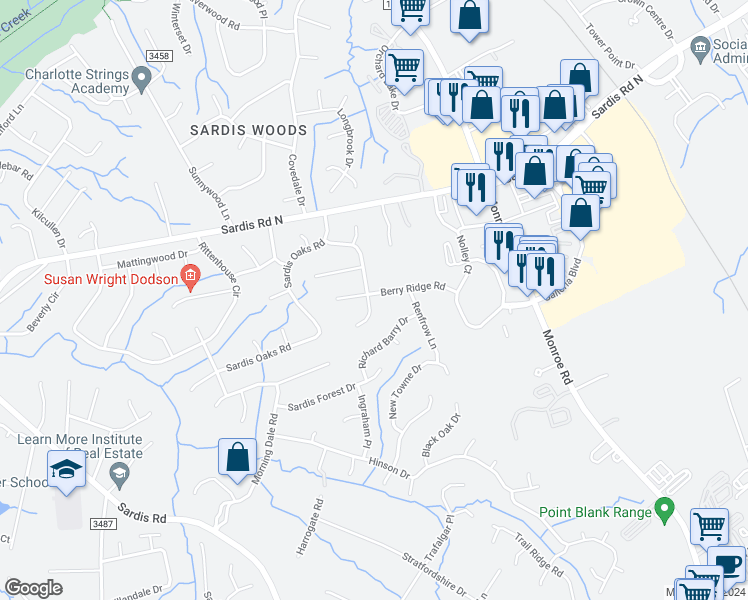 map of restaurants, bars, coffee shops, grocery stores, and more near 1301 Rock Point Road in Charlotte