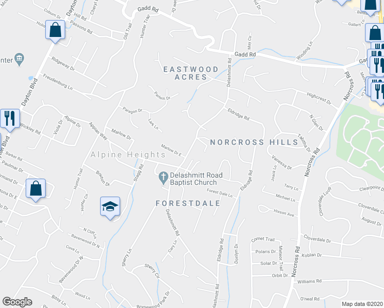 map of restaurants, bars, coffee shops, grocery stores, and more near 5004 Delashmitt Road in Chattanooga