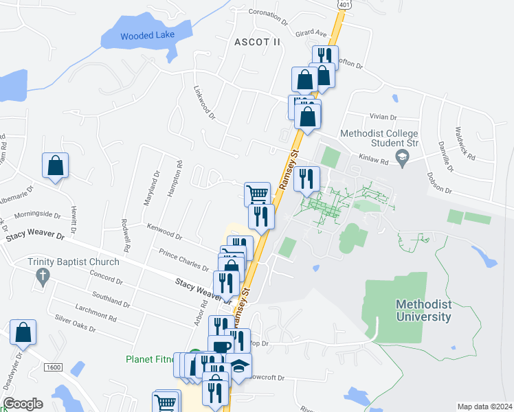map of restaurants, bars, coffee shops, grocery stores, and more near 123 Villa Drive in Fayetteville