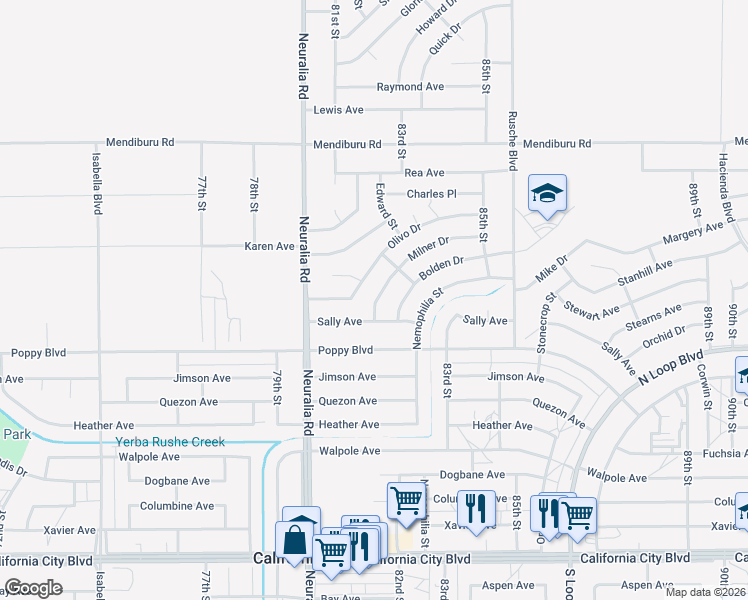 map of restaurants, bars, coffee shops, grocery stores, and more near Milner Drive in California City