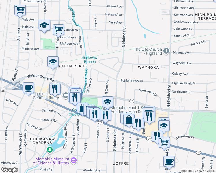 map of restaurants, bars, coffee shops, grocery stores, and more near 93 North Holmes Street in Memphis