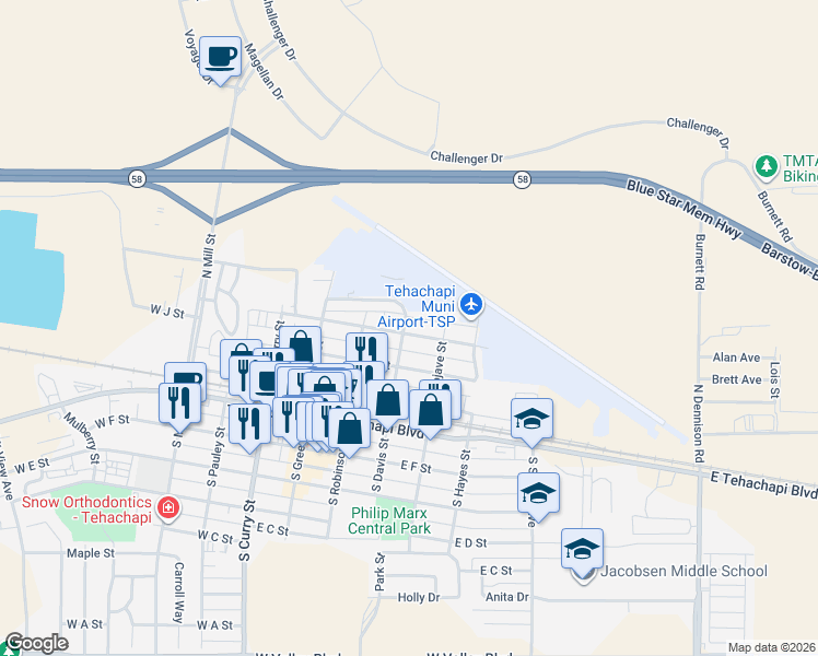 map of restaurants, bars, coffee shops, grocery stores, and more near 320 East J Street in Tehachapi