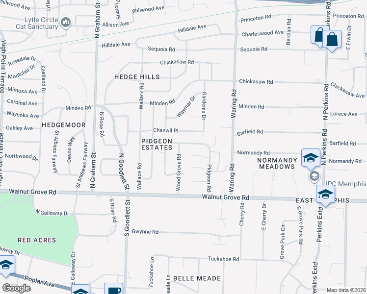 map of restaurants, bars, coffee shops, grocery stores, and more near 118 Wood Grove Road in Memphis