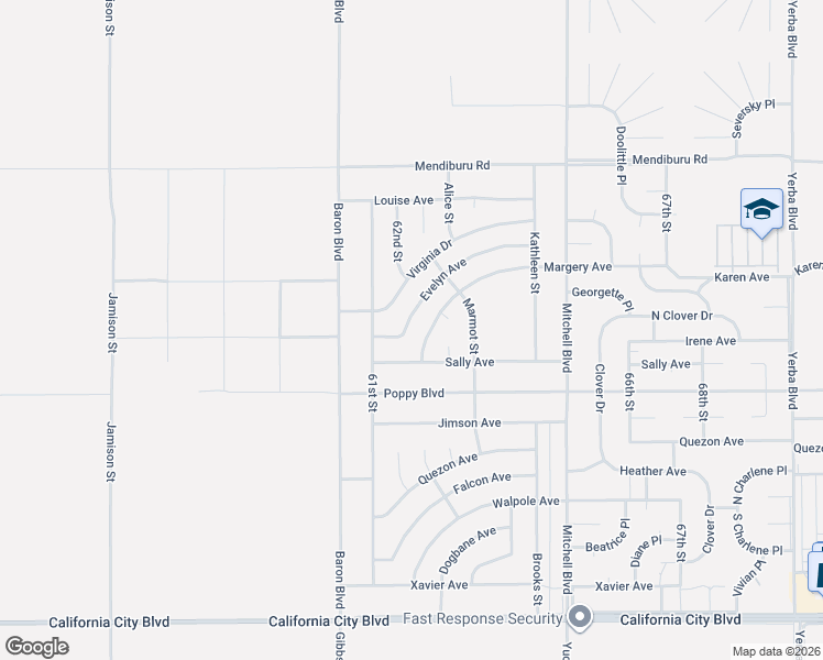 map of restaurants, bars, coffee shops, grocery stores, and more near Evelyn Avenue in California City