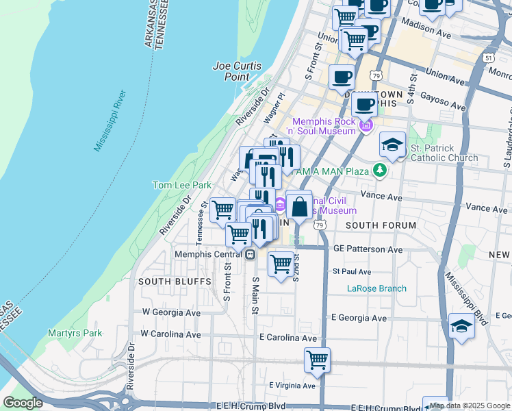 map of restaurants, bars, coffee shops, grocery stores, and more near 474 South Main Street in Memphis