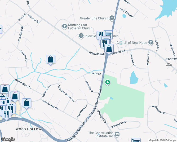 map of restaurants, bars, coffee shops, grocery stores, and more near 3201 Oscar Drive in Matthews