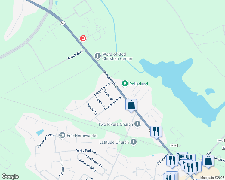 map of restaurants, bars, coffee shops, grocery stores, and more near 3509 Neuse Boulevard in New Bern