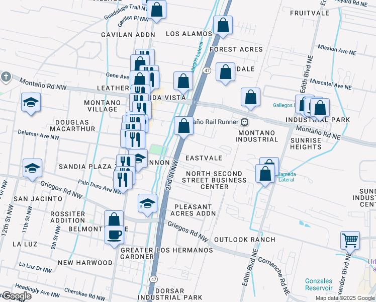map of restaurants, bars, coffee shops, grocery stores, and more near 5138 2nd Street Northwest in Albuquerque