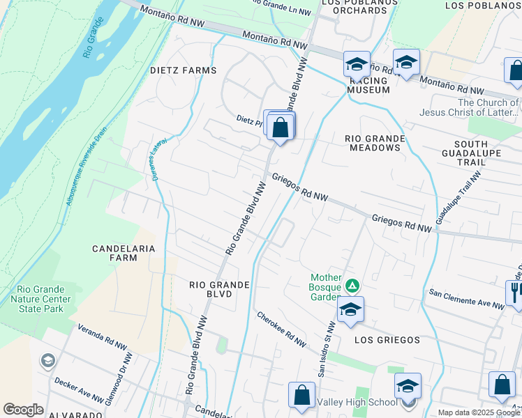 map of restaurants, bars, coffee shops, grocery stores, and more near 3718 Rio Grande Boulevard Northwest in Albuquerque