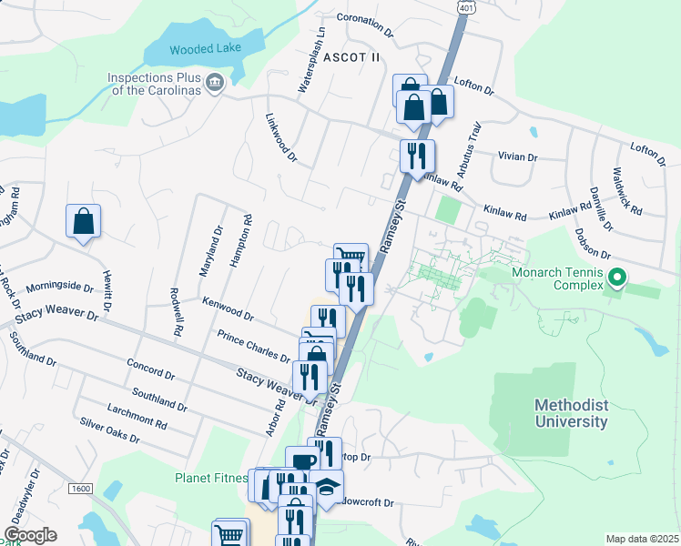 map of restaurants, bars, coffee shops, grocery stores, and more near 5411 U.S. 401 in Fayetteville