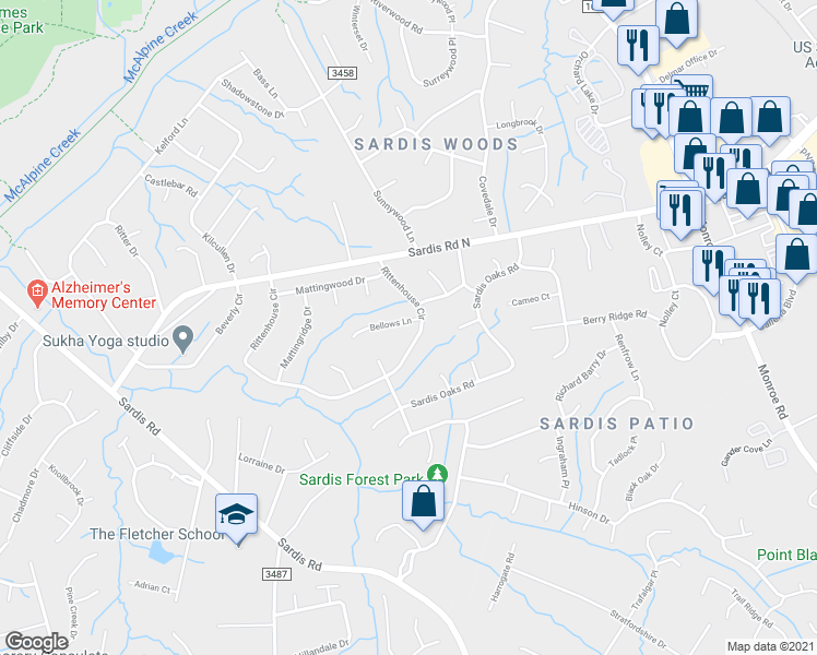 map of restaurants, bars, coffee shops, grocery stores, and more near 8802 Rittenhouse Circle in Charlotte