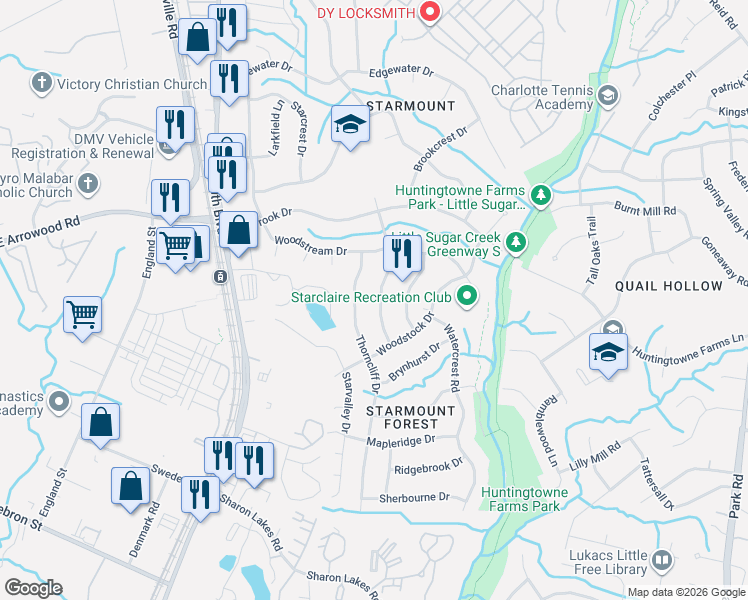 map of restaurants, bars, coffee shops, grocery stores, and more near 7025 Wrentree Drive in Charlotte