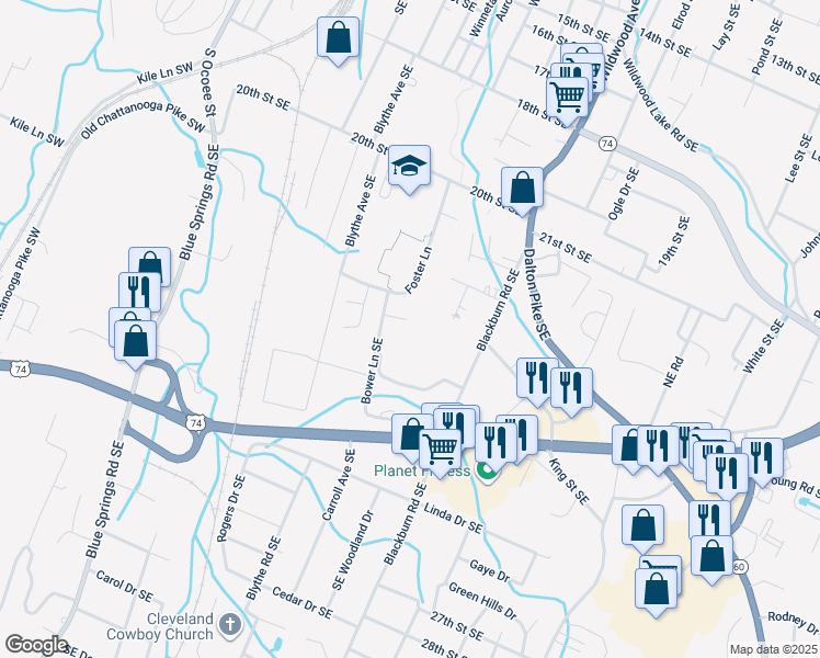 map of restaurants, bars, coffee shops, grocery stores, and more near 2336 Grovers Mill Court Southeast in Cleveland