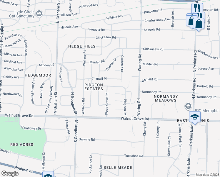map of restaurants, bars, coffee shops, grocery stores, and more near 118 Wood Grove Road in Memphis