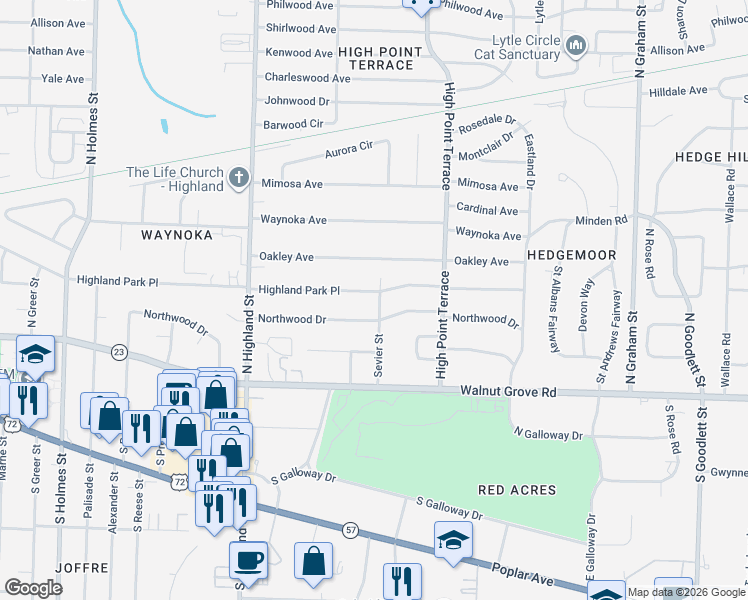 map of restaurants, bars, coffee shops, grocery stores, and more near 3644 Northwood Drive in Memphis