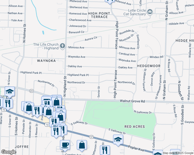 map of restaurants, bars, coffee shops, grocery stores, and more near 3644 Northwood Drive in Memphis