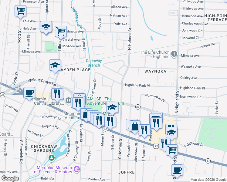 map of restaurants, bars, coffee shops, grocery stores, and more near 93 North Holmes Street in Memphis