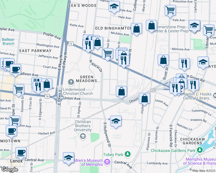 map of restaurants, bars, coffee shops, grocery stores, and more near 34 South Merton Street in Memphis