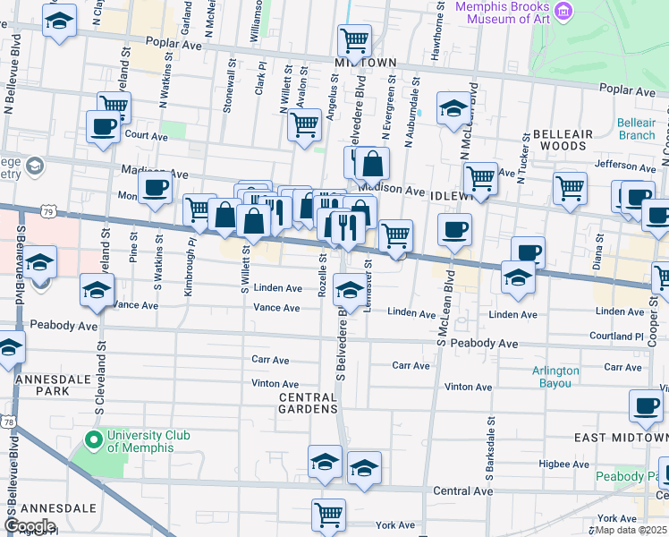 map of restaurants, bars, coffee shops, grocery stores, and more near 195 South Belvedere Boulevard in Memphis