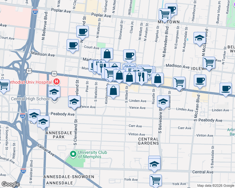 map of restaurants, bars, coffee shops, grocery stores, and more near 1528 Linden Avenue in Memphis