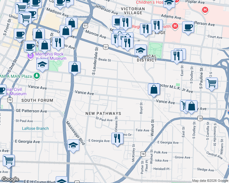 map of restaurants, bars, coffee shops, grocery stores, and more near in Memphis