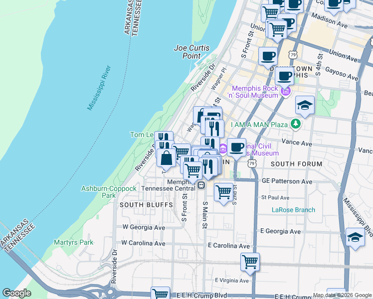 map of restaurants, bars, coffee shops, grocery stores, and more near 484 South Front Street in Memphis