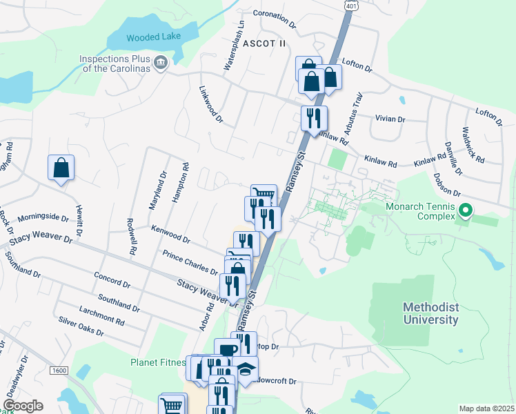 map of restaurants, bars, coffee shops, grocery stores, and more near 5411 U.S. 401 in Fayetteville