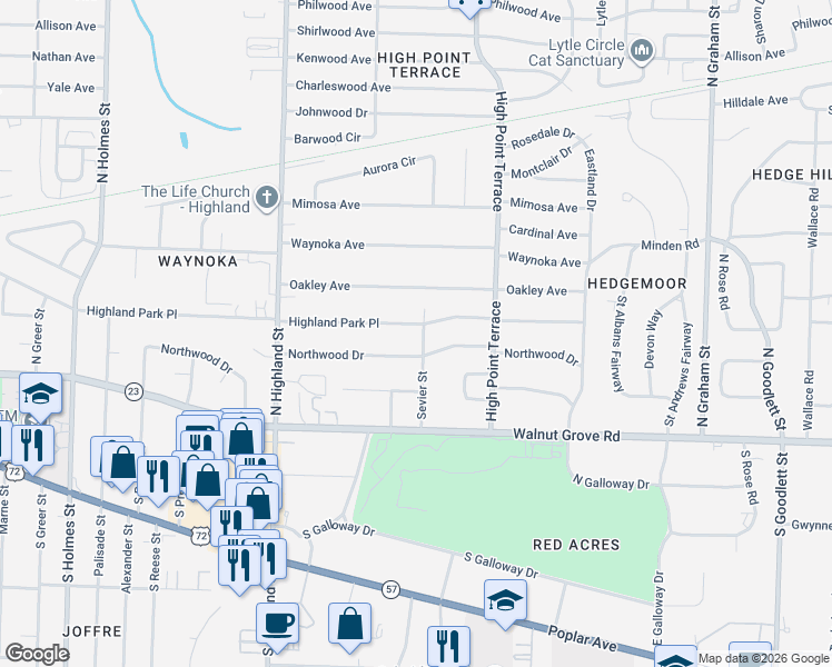 map of restaurants, bars, coffee shops, grocery stores, and more near 3644 Northwood Drive in Memphis