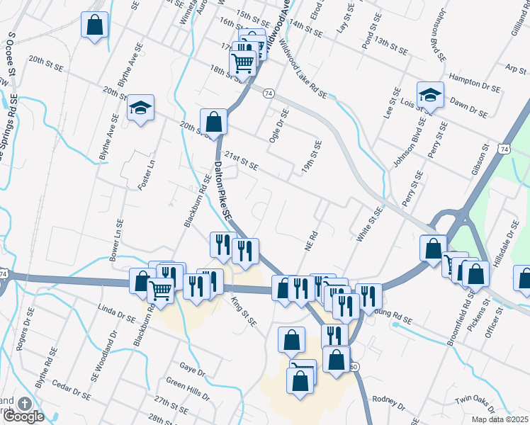 map of restaurants, bars, coffee shops, grocery stores, and more near 2147 Spring Meadow Lane Southeast in Cleveland