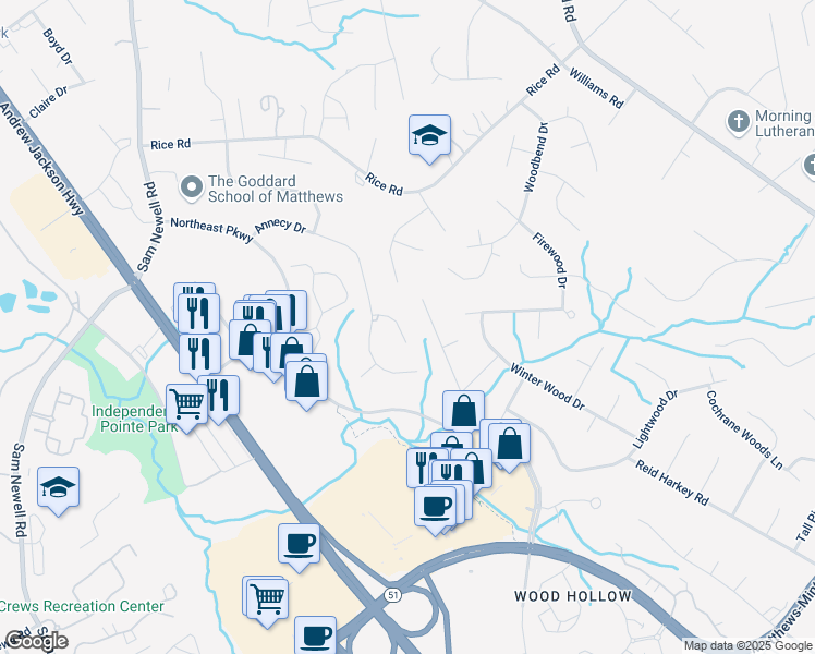 map of restaurants, bars, coffee shops, grocery stores, and more near 9618 Newby Lane in Matthews