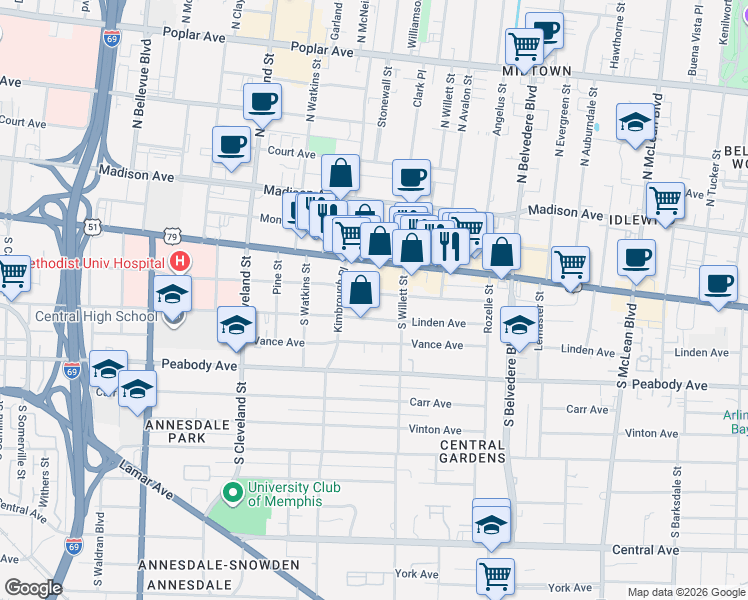map of restaurants, bars, coffee shops, grocery stores, and more near 1528 Linden Avenue in Memphis