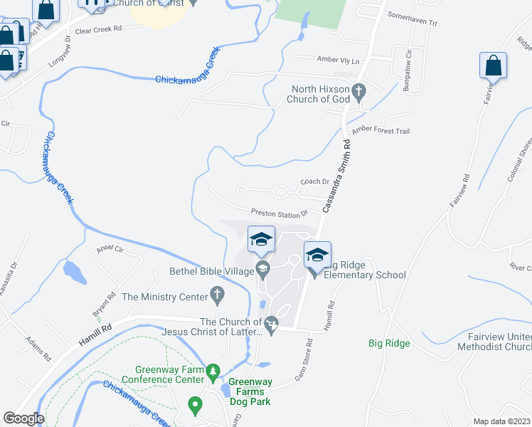 map of restaurants, bars, coffee shops, grocery stores, and more near 3004 Preston Station Drive in Chattanooga