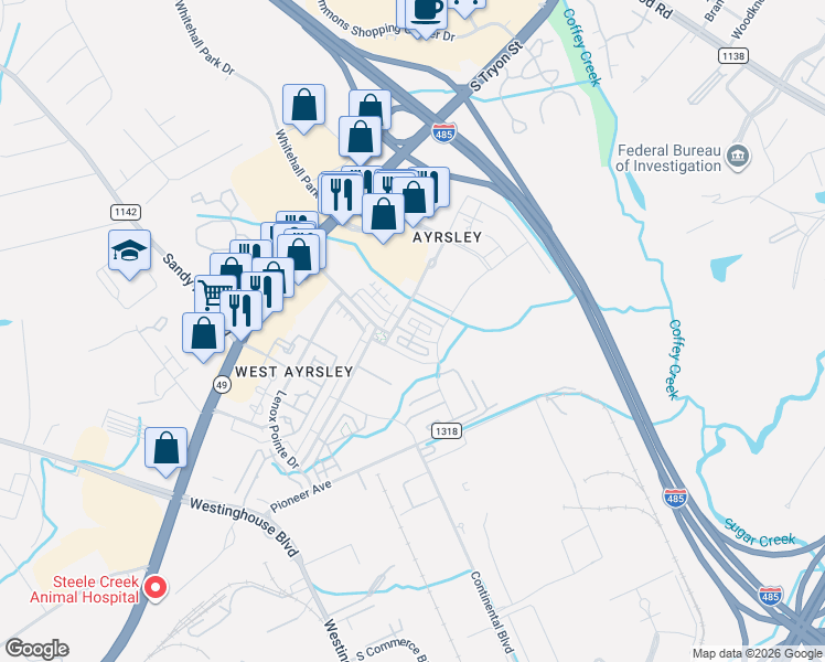 map of restaurants, bars, coffee shops, grocery stores, and more near 1948 Winpole Lane in Charlotte