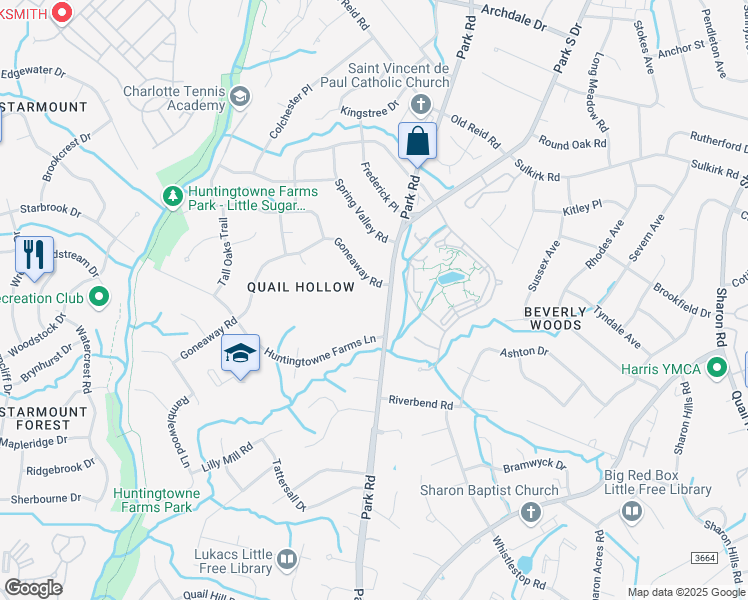 map of restaurants, bars, coffee shops, grocery stores, and more near 7208 Park Road in Charlotte