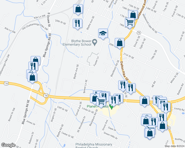 map of restaurants, bars, coffee shops, grocery stores, and more near 2336 Grovers Mill Court Southeast in Cleveland