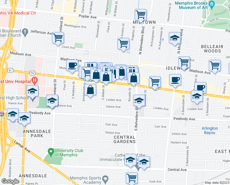 map of restaurants, bars, coffee shops, grocery stores, and more near Eastmoreland Ave & S Avalon St in Memphis