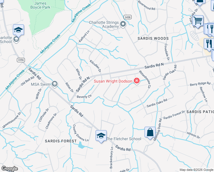 map of restaurants, bars, coffee shops, grocery stores, and more near 8201 Rittenhouse Circle in Charlotte
