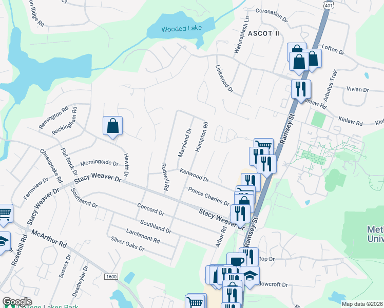 map of restaurants, bars, coffee shops, grocery stores, and more near 5306-5310 Hampton Road in Fayetteville
